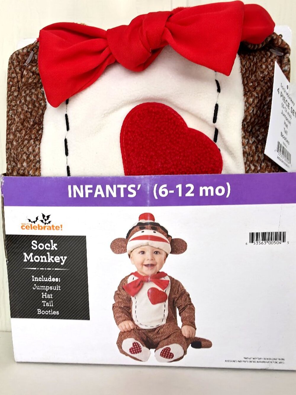 Sock Monkey Halloween Costume Infant Sz 6-12 Months Jumpsuit Hat 4 Piece Set New